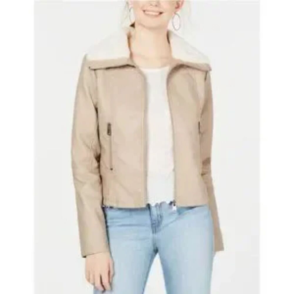 Coffee Shop New York Jacket Faux Leather & Fur Collar XL Wild Taupe NWT